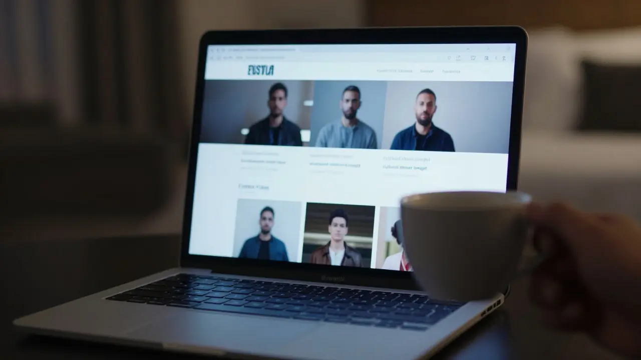 A laptop screen showing a discreet companion service in a hotel room, no text visible.