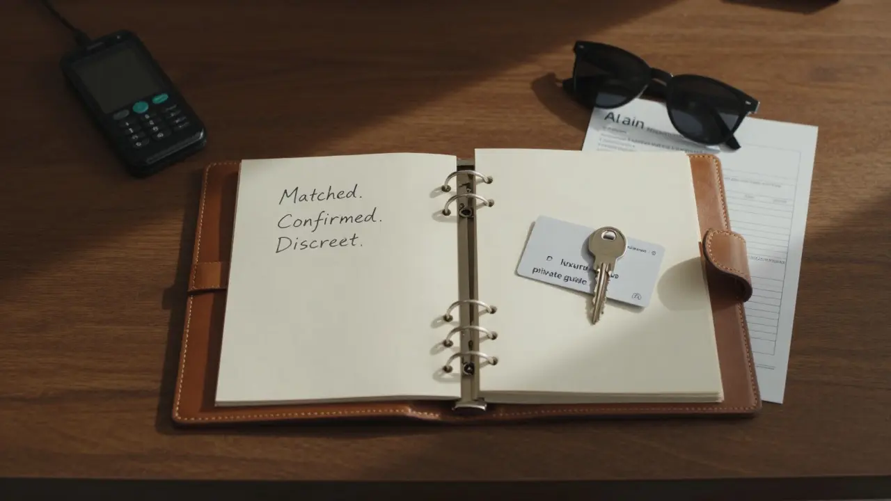 A leather dossier on a desk holds only a handwritten note and a hotel keycard — no names, no faces.