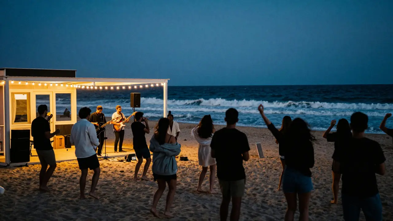 A live band performs at a beachside venue under string lights as waves crash behind the crowd.