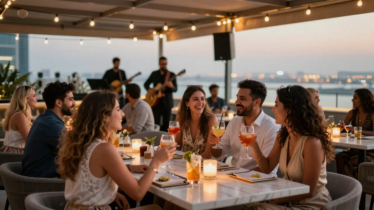 A lively rooftop bar in Dubai filled with people enjoying drinks and music under string lights, with the city skyline glowing in the distance.
