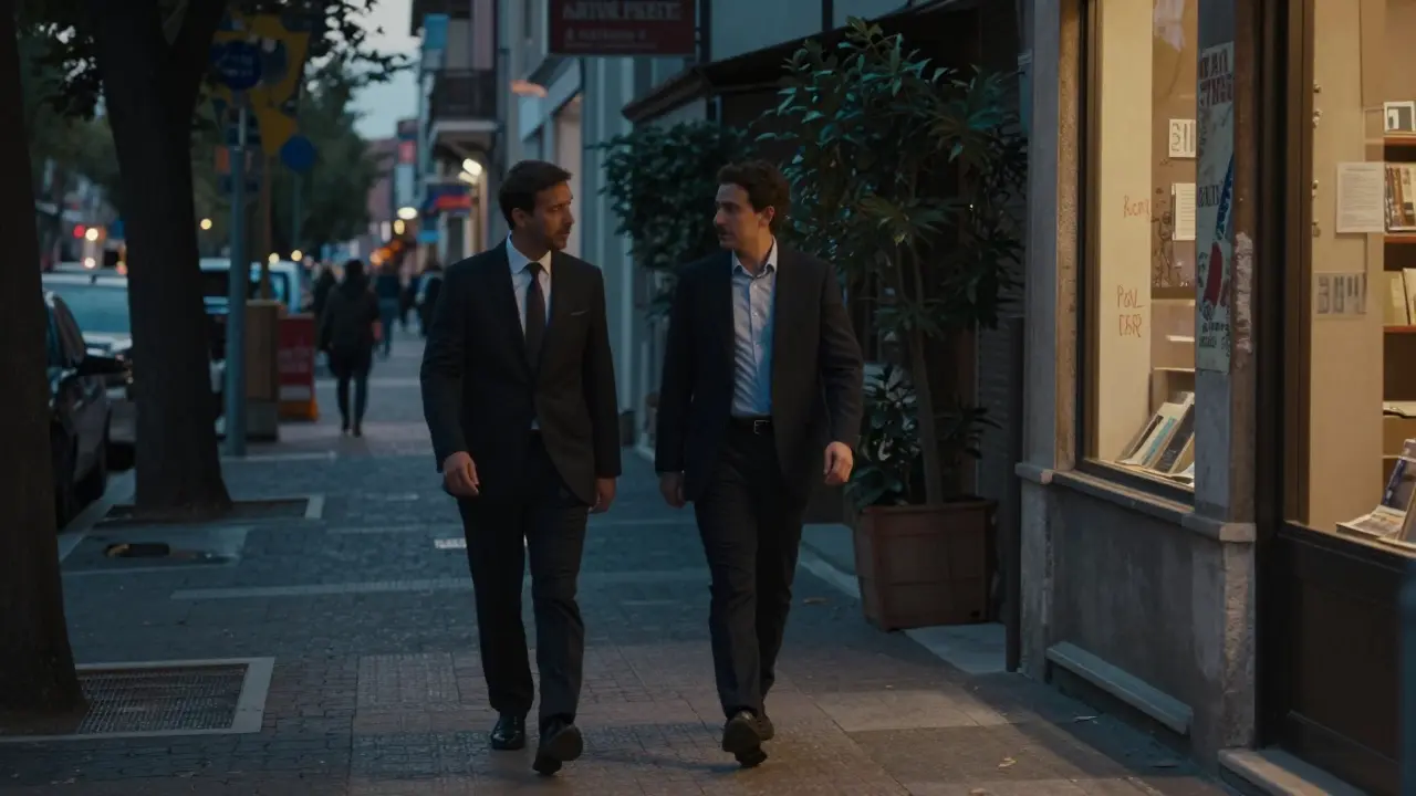 A man and woman walking peacefully through Milan&#039;s Porta Venezia at dusk.