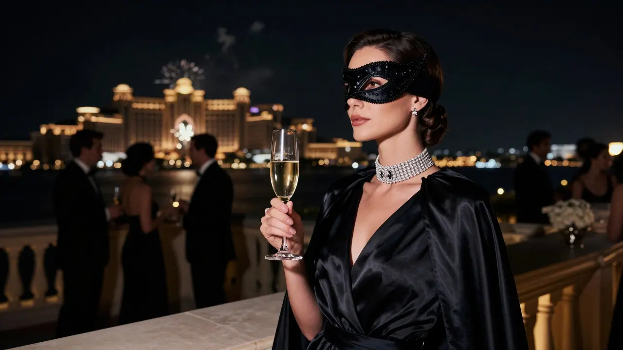 A masked woman stands on a palace terrace at night, overlooking a glamorous gala with distant fireworks.