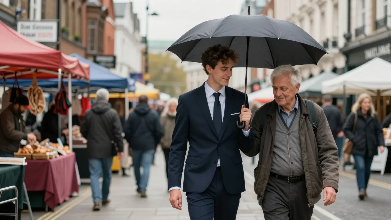 A non-binary companion walking with an elderly man through a London market, offering quiet support.