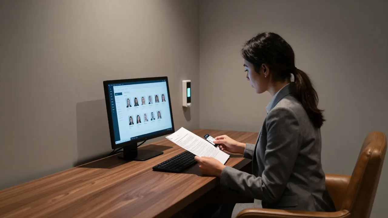 A professional reviewing verified client profiles in a discreet, minimalist agency office in Abu Dhabi's financial district.