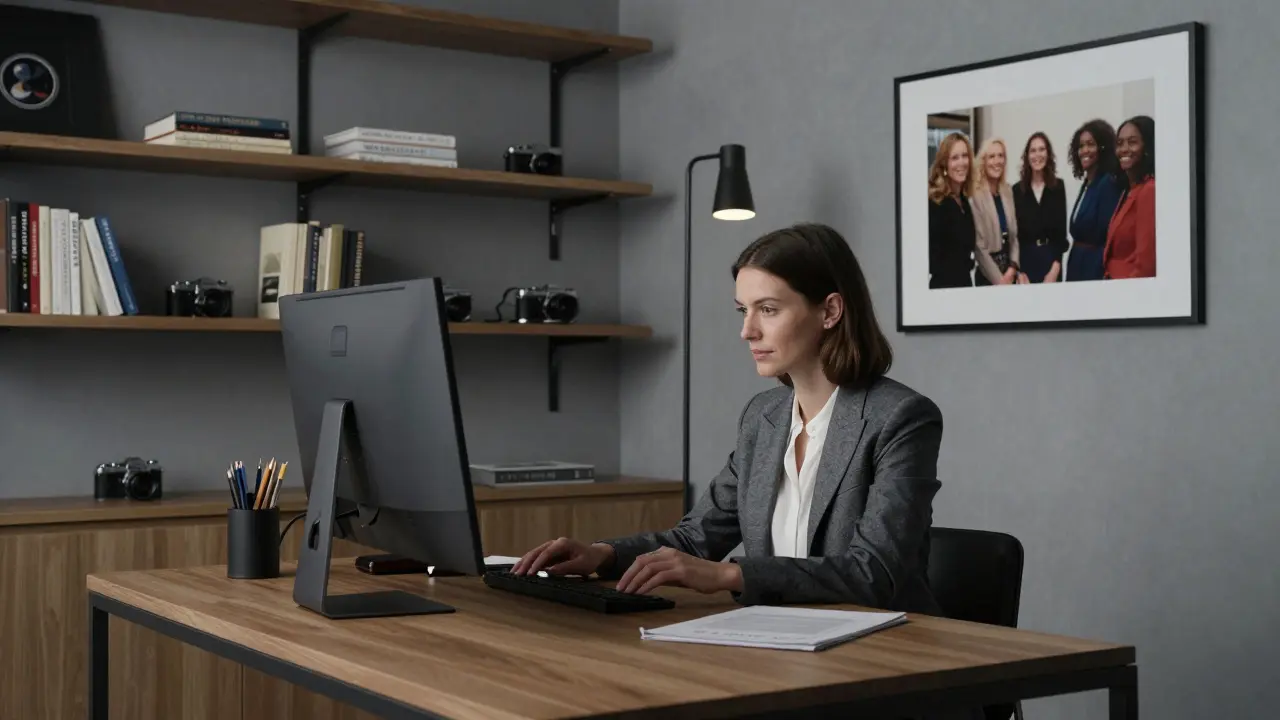 A professional woman reviewing encrypted profiles in a minimalist Milan office with art books and vintage cameras on shelves.