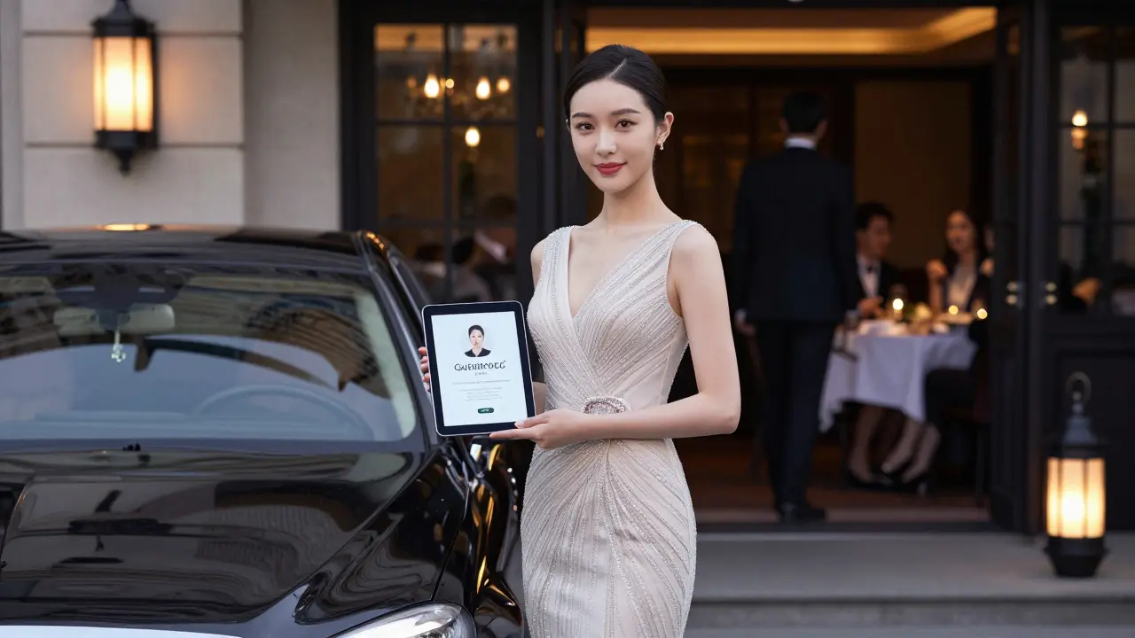 A professionally dressed woman beside a luxury car outside a fine dining restaurant in Dubai.