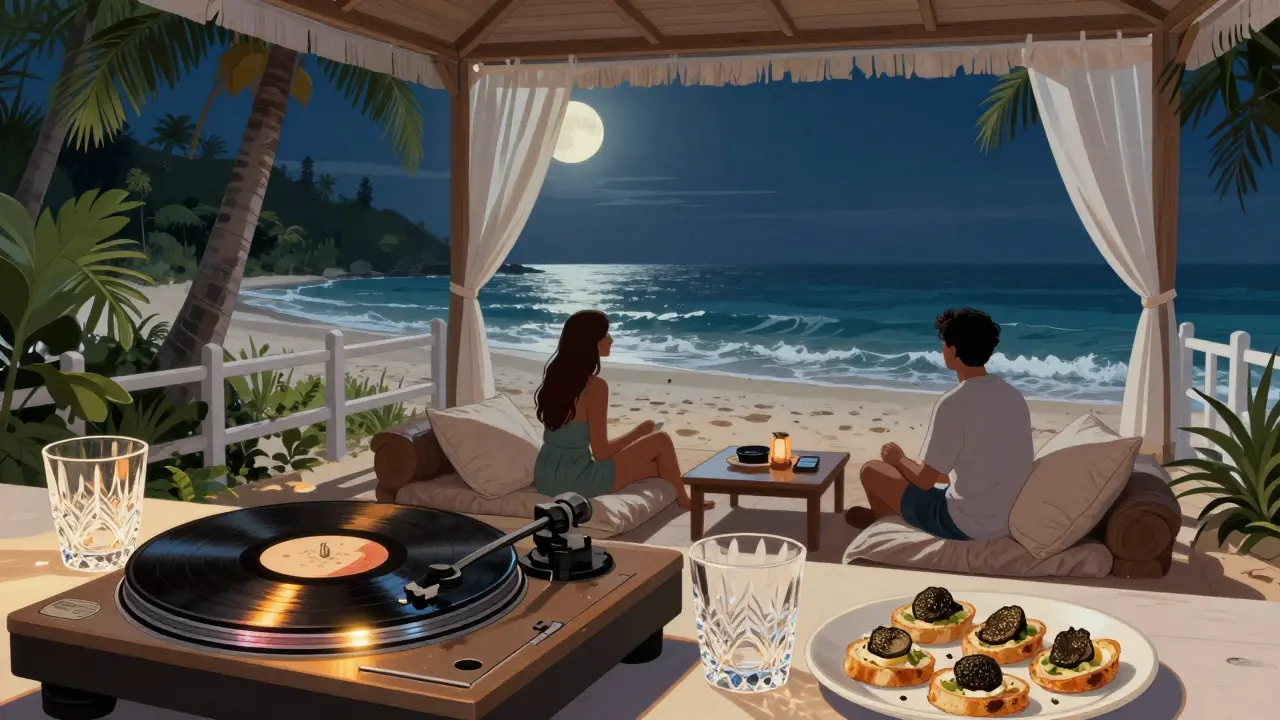A quiet beach cabana at Club 55 with vinyl records and hand-blown glass drinks under moonlight.
