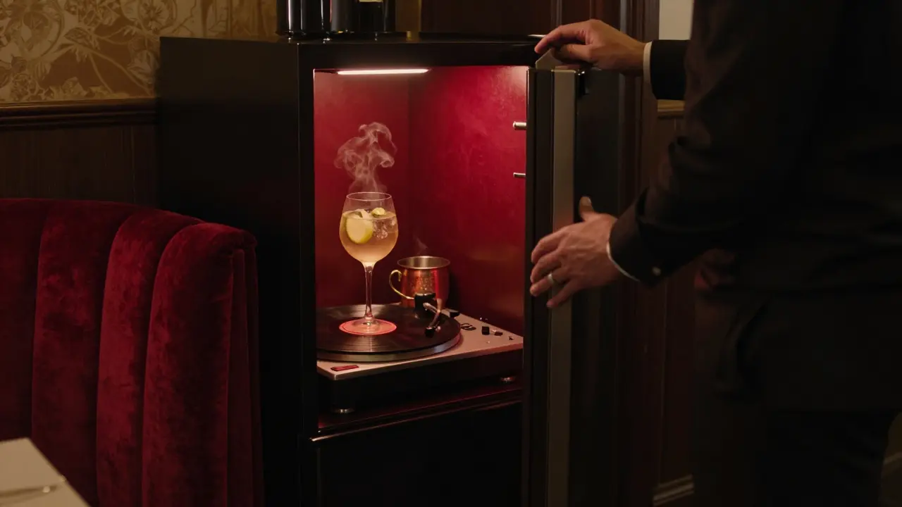 A secret speakeasy revealed behind a fridge, lit by crimson glow and velvet booths.