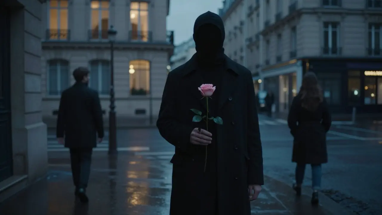 A shadowy figure holding a rose on a rainy Paris street, surrounded by glowing windows.