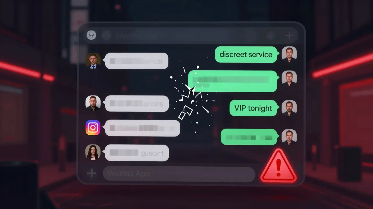 A shadowy WhatsApp chat with deceptive messages and fake profiles, surrounded by warning symbols.