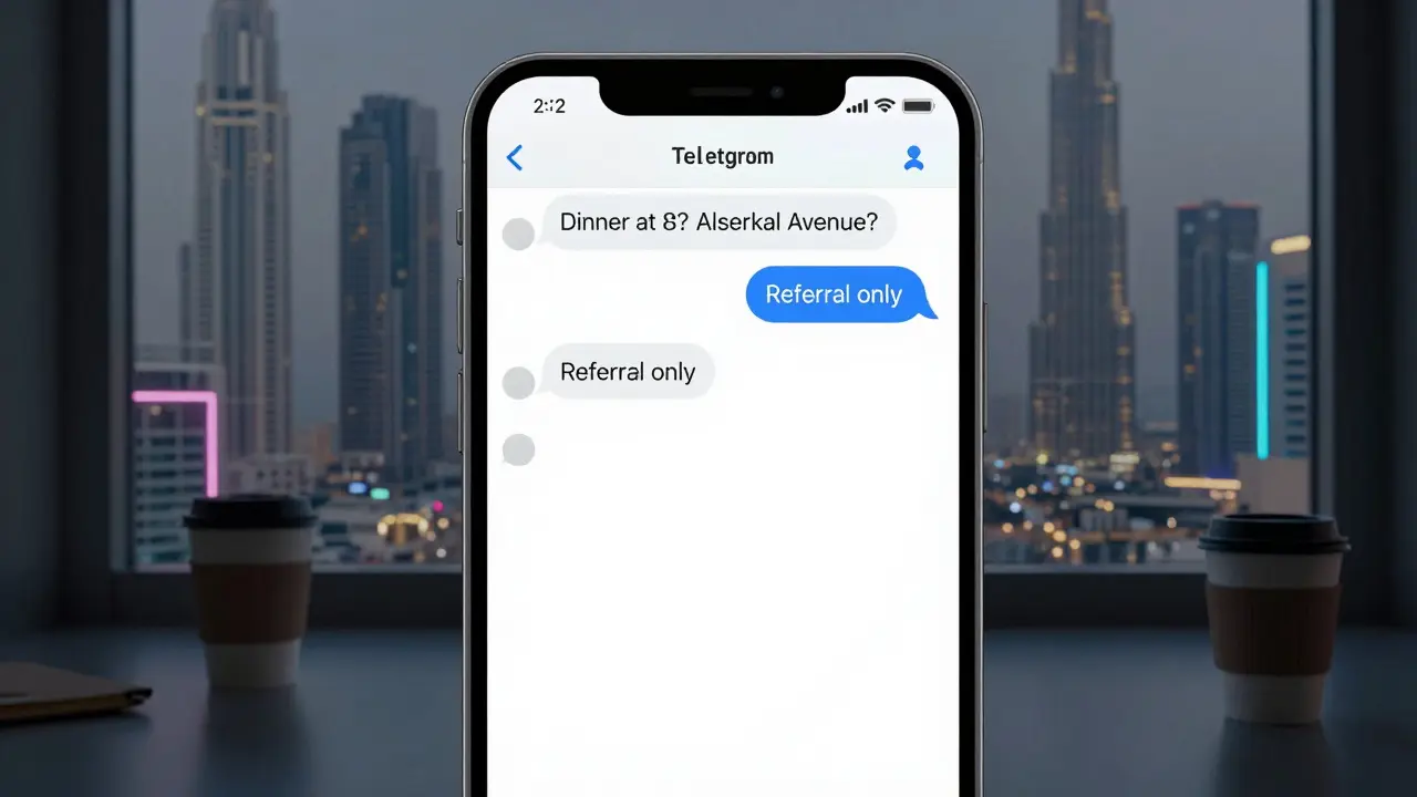A smartphone displaying encrypted messages about a meeting in Dubai, with a city skyline in the background.