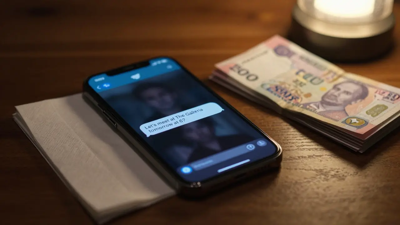 A smartphone showing a private chat message beside cash on a table, in dim lighting.