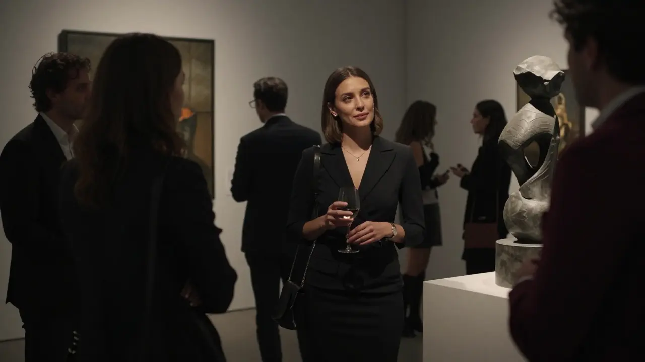 A sophisticated woman converses with guests at an art gallery opening in Abu Dhabi, exuding quiet confidence.