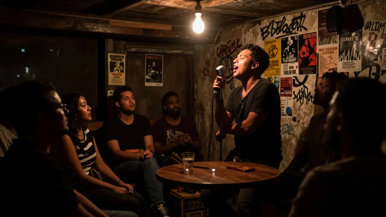 A soul singer performs in a dim underground venue with a hushed, intimate audience.