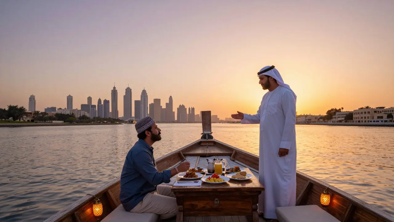 A traveler on a sunset dhow cruise along Dubai Creek with a local guide.