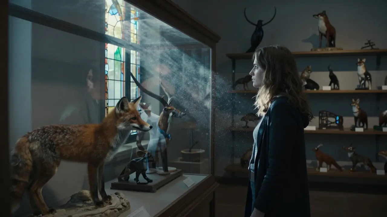 A woman alone in a quiet museum, light falling on a taxidermied fox under glass.