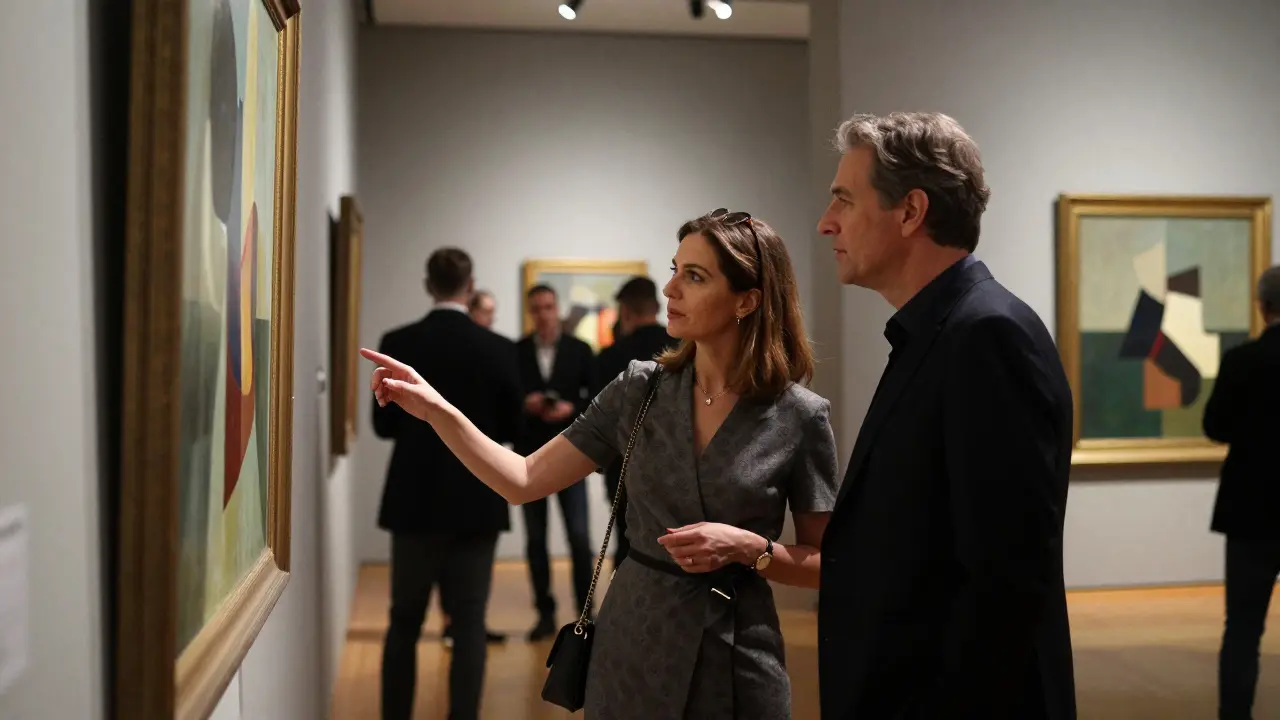 A woman and man admire art together at a Berlin gallery, engaged in thoughtful conversation.