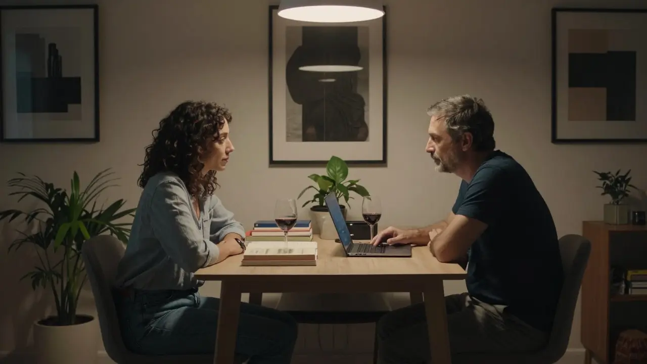 A woman and man share a quiet dinner in a softly lit apartment, conversation more important than physical contact.