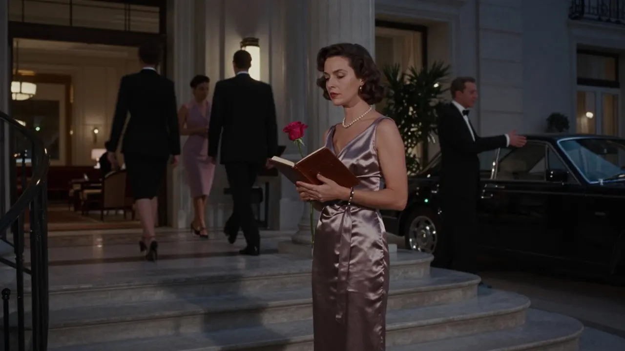 A woman in a silk dress standing discreetly in the elegant lobby of a luxury Milan hotel.