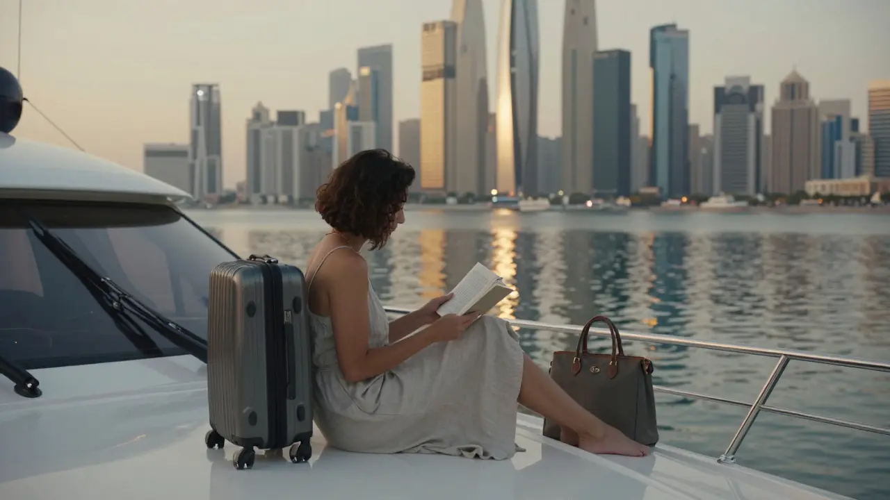 A woman reads on a private yacht at dusk in Abu Dhabi, the skyline glowing behind her in golden light.