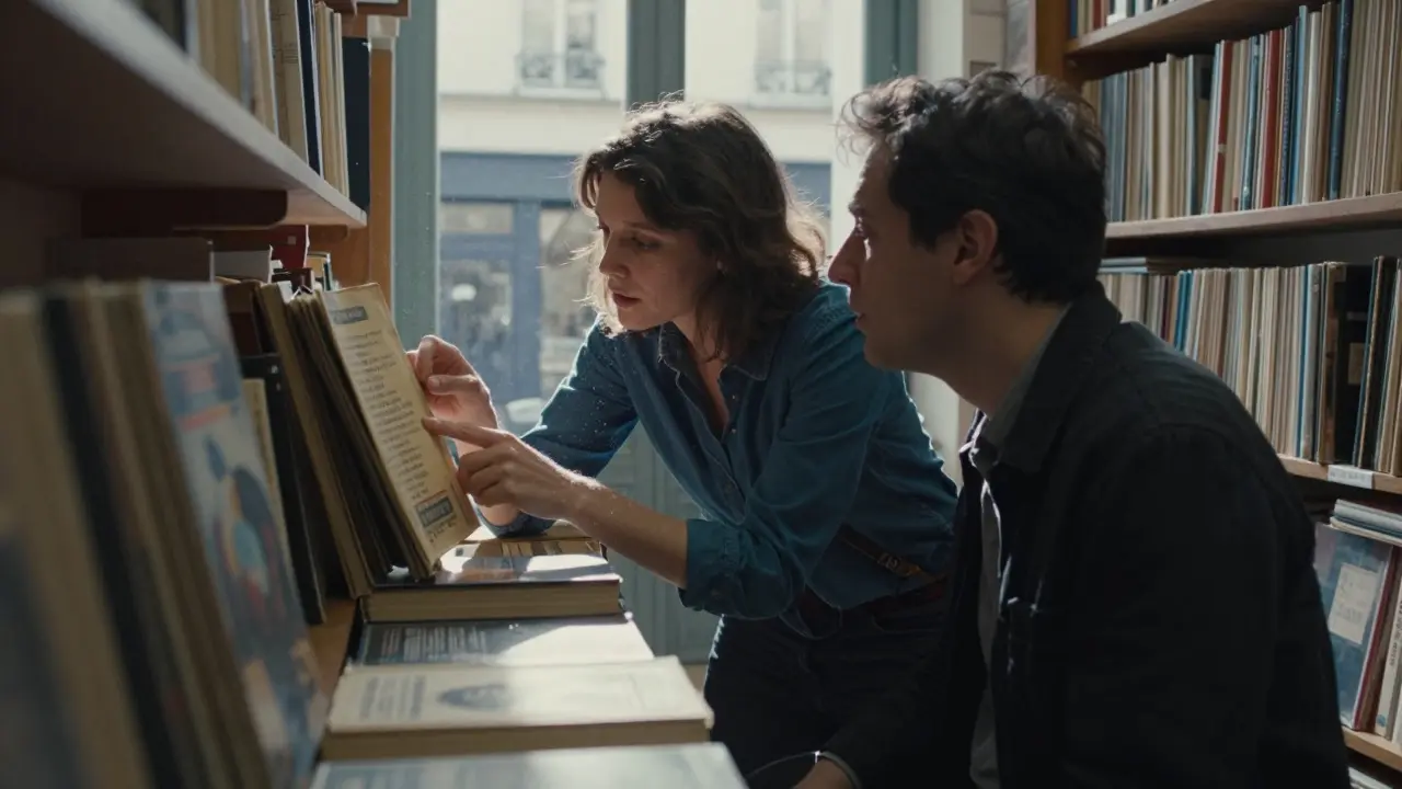 A woman showing a book to a man in a cozy Parisian secondhand bookstore filled with shelves of old books and records.