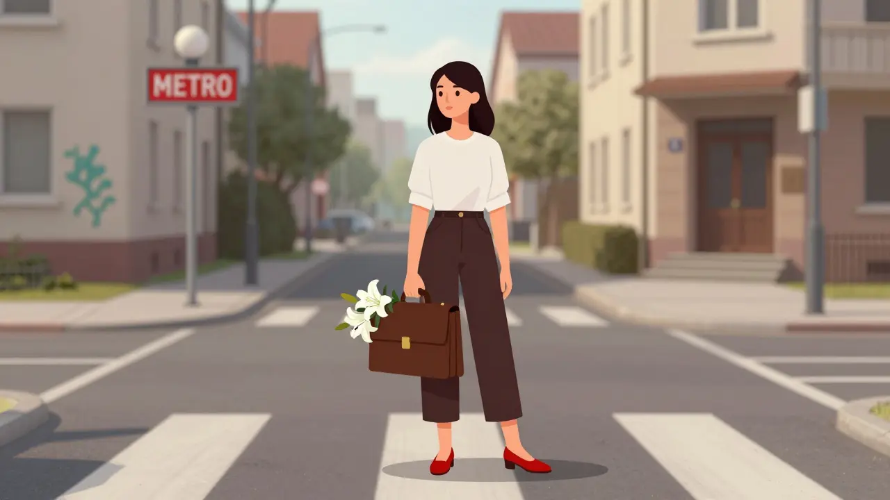 A woman stands at a crossroads in Milan, holding a briefcase and lilies, symbolizing life choices between work and convention.