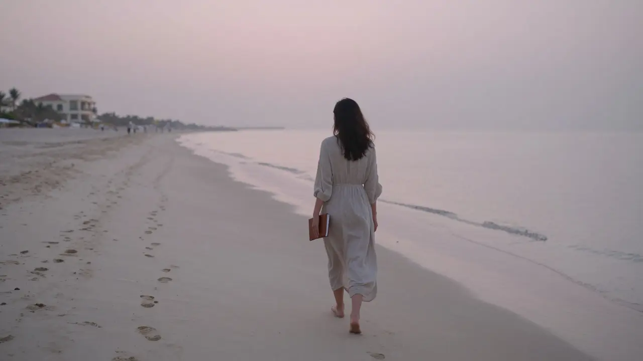 A woman walks alone on a quiet Dubai beach at dawn, barefoot, with no one else in sight, symbolizing solitude and control.
