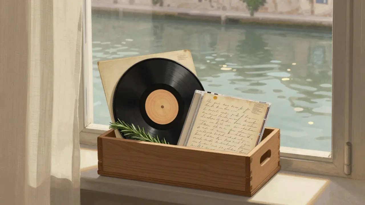 A wooden box with vinyl record, handwritten CD, and rosemary by a canal window.