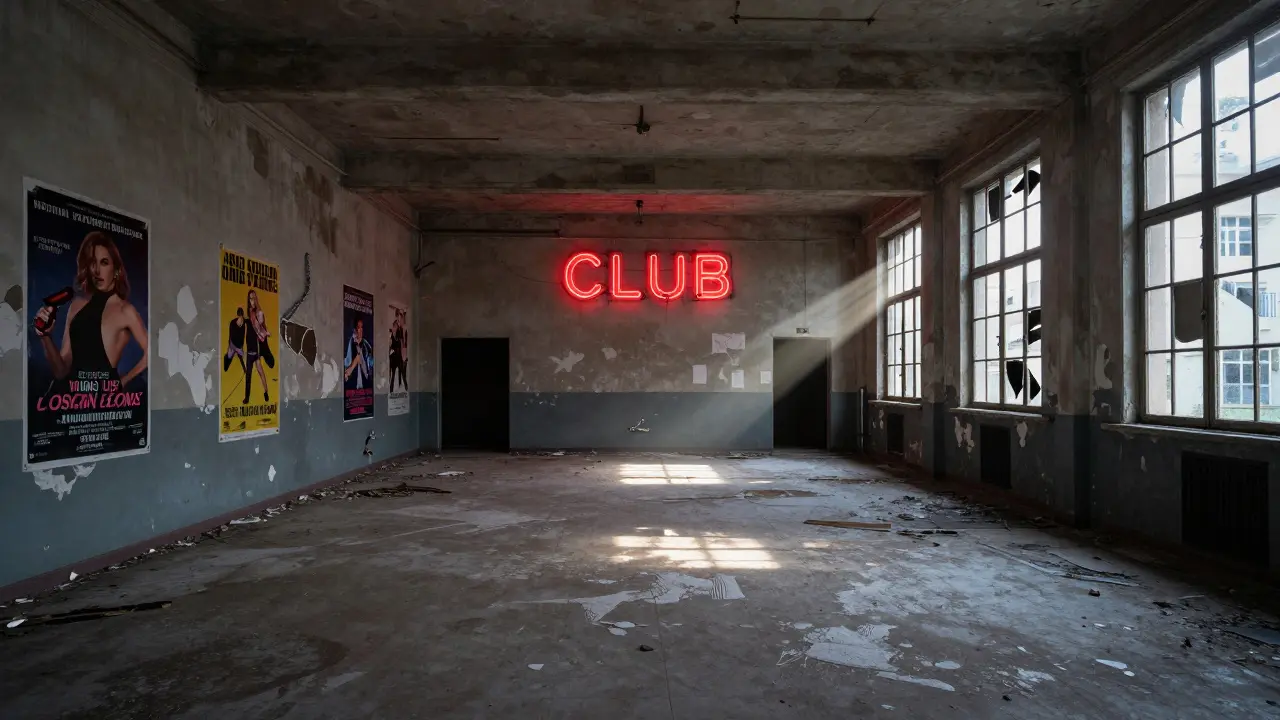An abandoned 1980s nightclub with broken neon signs and moonlight streaming through shattered windows.