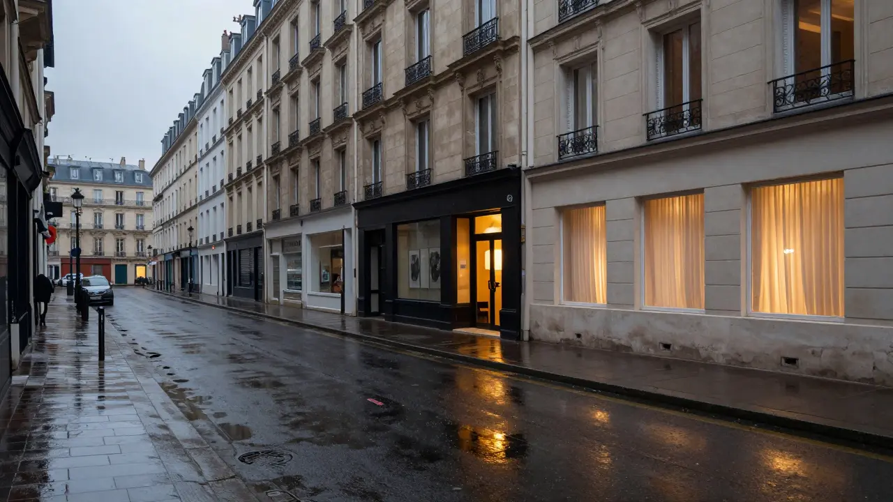 An empty rainy Paris street at dusk with a discreet hotel entrance, no people present.