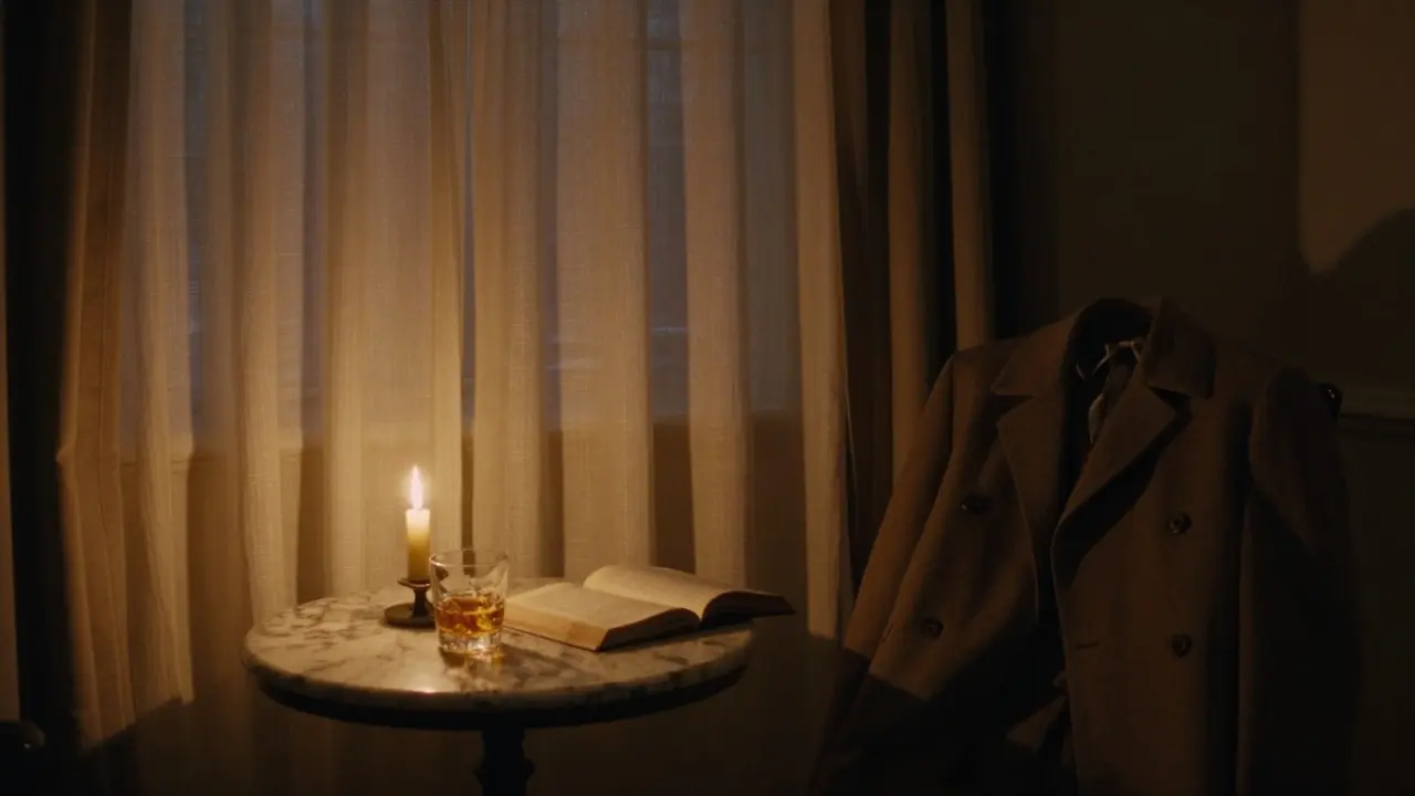 An empty yet lived-in townhouse room at night, candlelight, open book, and whiskey glass hinting at a meaningful evening.