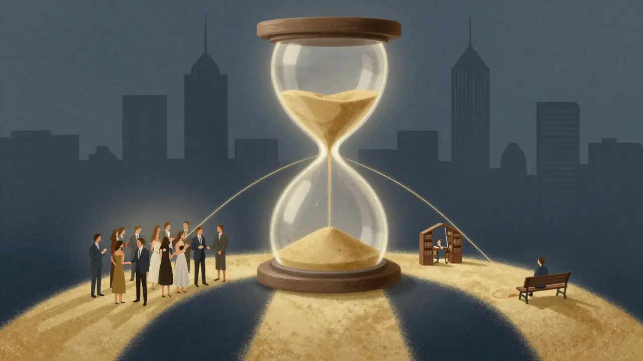 An hourglass above London, symbolizing companionship in social, emotional, and solitary moments.