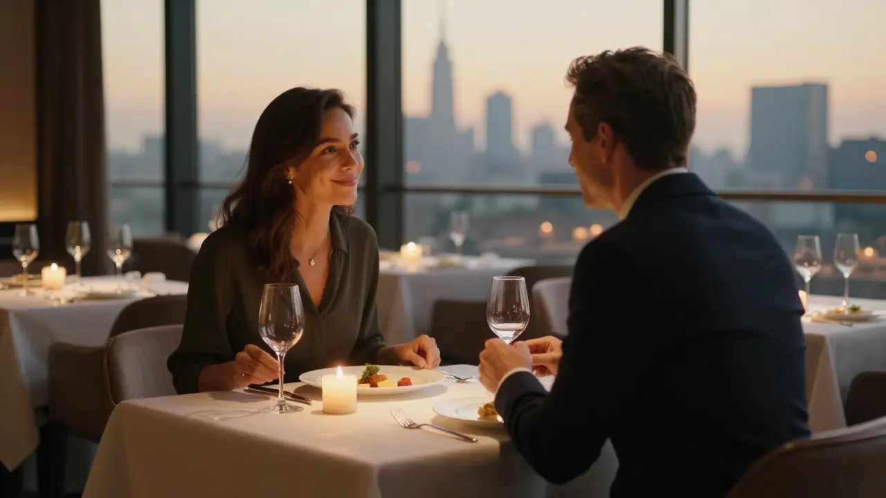 An intimate dinner at a high-end Milan restaurant with candlelight and city views.