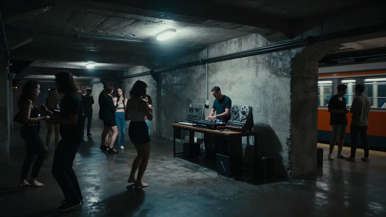 An underground club with concrete walls and ambient music, where people dance in dim, moody lighting.