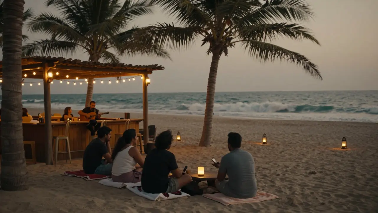 Beach bar at dusk with live music, guests relaxing on sand by the ocean.