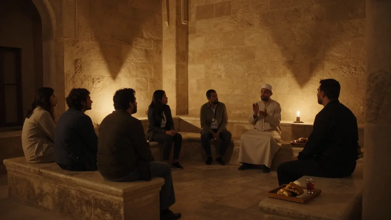 Candlelit ancient fort at midnight, visitors listening to a story with a cup of date juice nearby.
