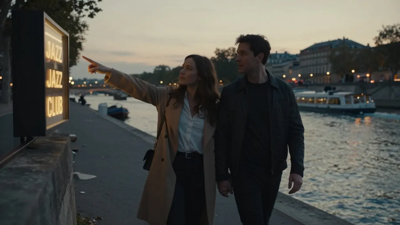 Couple walking along the Seine at dusk, one pointing to a hidden jazz club.