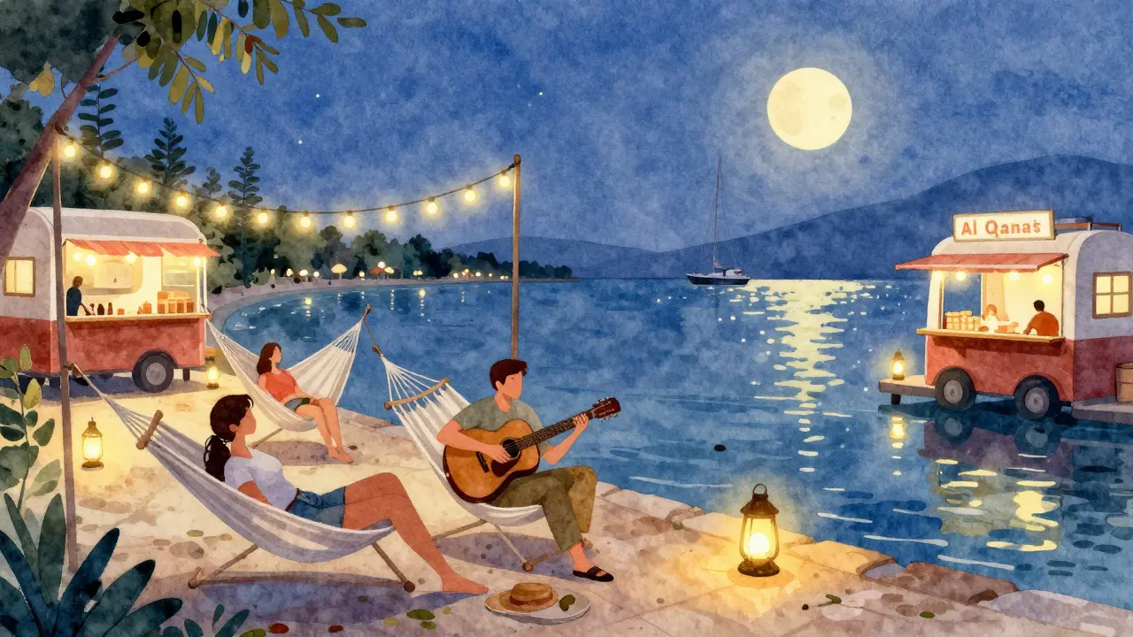 Couples relaxing in hammocks by a waterfront with live music and lantern lights at dusk.