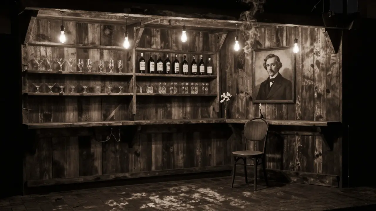 Cozy theater cellar with Edison bulbs, wooden shelves, and cocktail bottles named after actors.