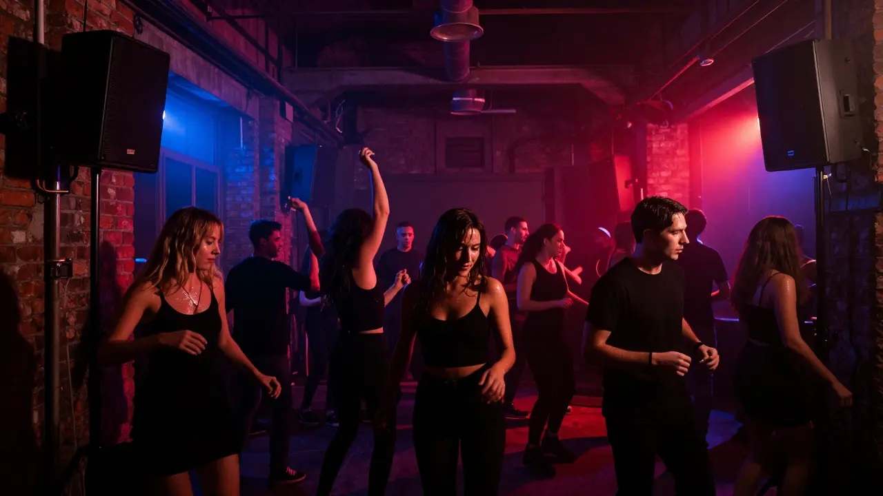 Crowd dancing in a dark industrial club with pulsing lights and high-energy atmosphere.