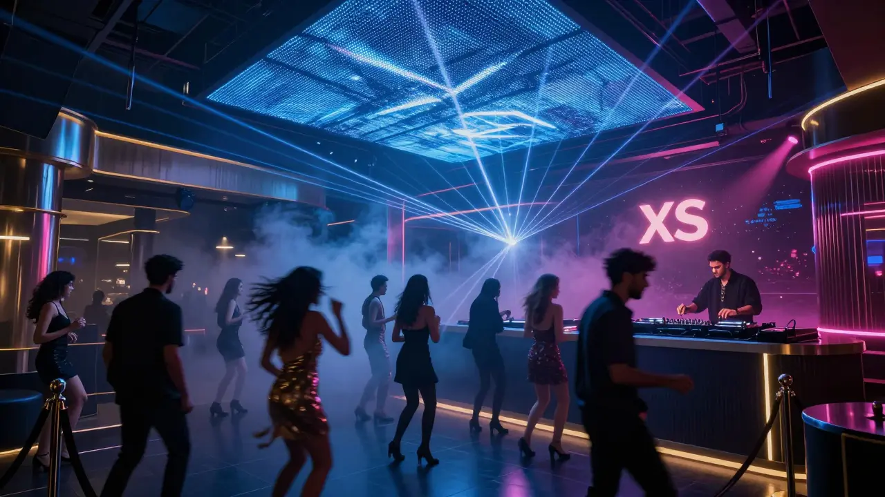 Crowd dancing in a high-energy nightclub with laser lights and a DJ on stage under neon ceilings.