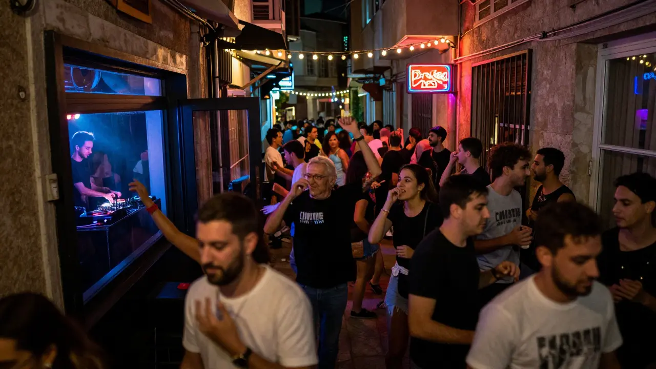 Crowd dancing outside Prophet club in Beyoğlu, neon lights and bass vibrations illuminating the alley at night.