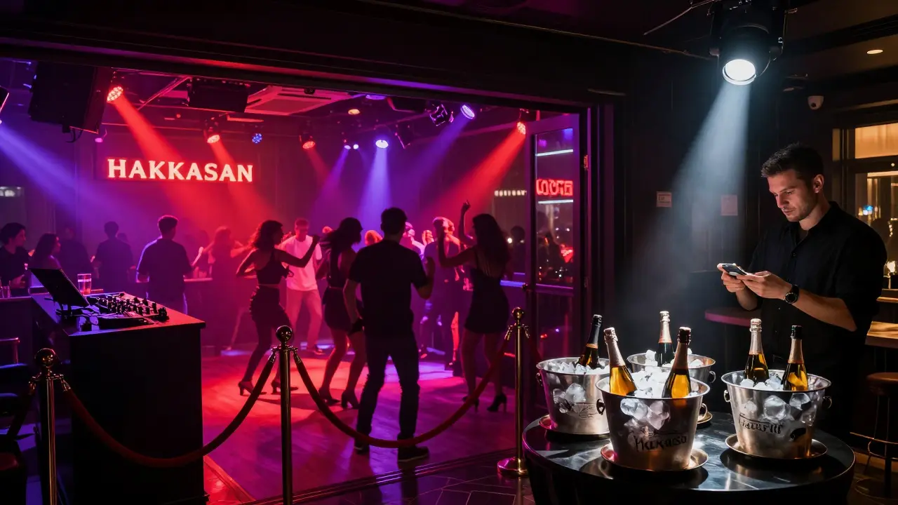 Crowd dancing under neon lights in a high-energy nightclub with a DJ and velvet rope.