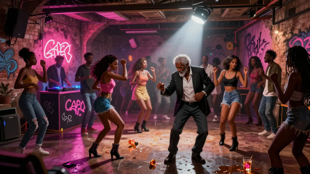 Crowded basement club with diverse crowd dancing to Afrobeat under neon graffiti lights.