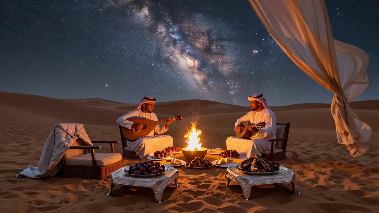 Desert dinner under a starry sky with traditional Emirati food and oud music.