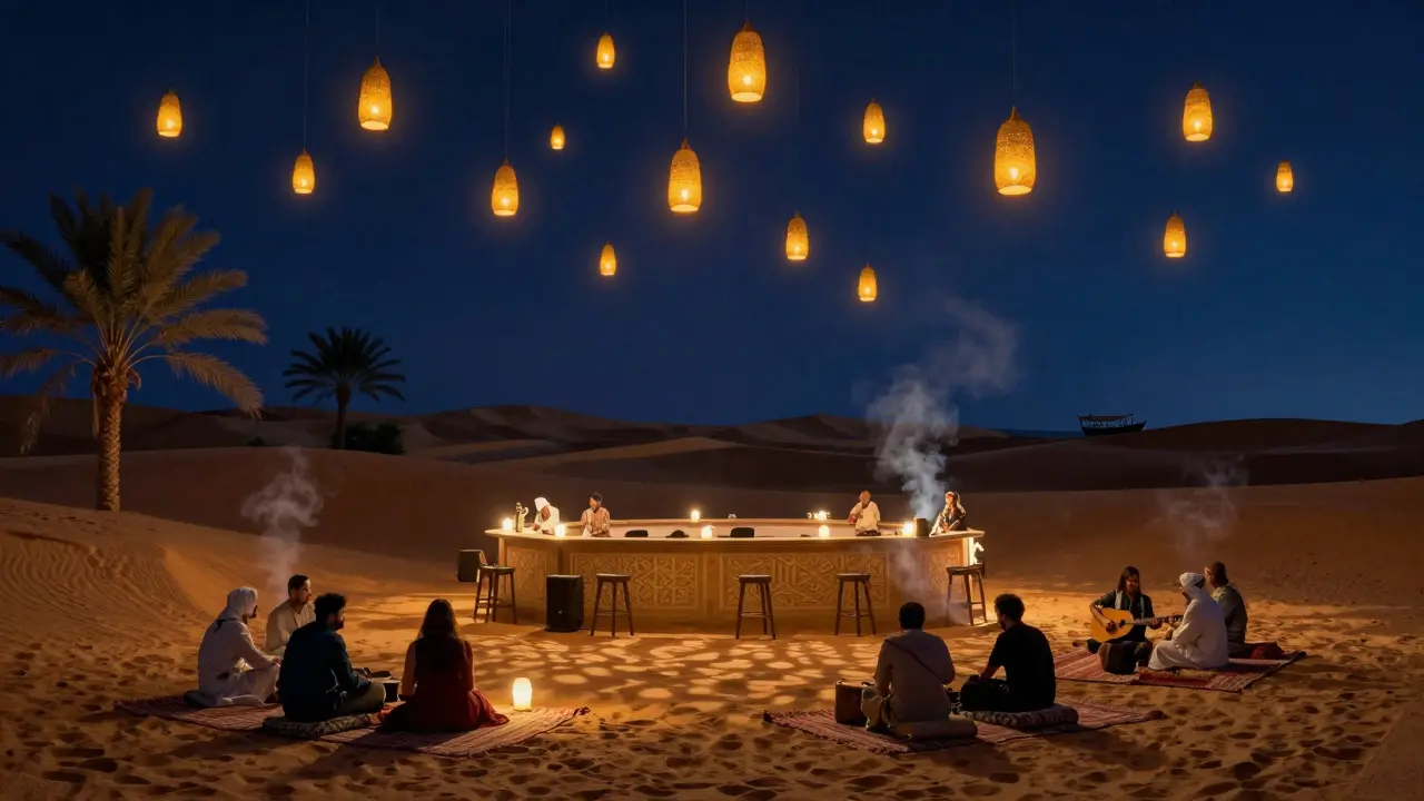 Desert garden bar at night with lanterns glowing above sand dunes and a distant dhow boat silhouette.