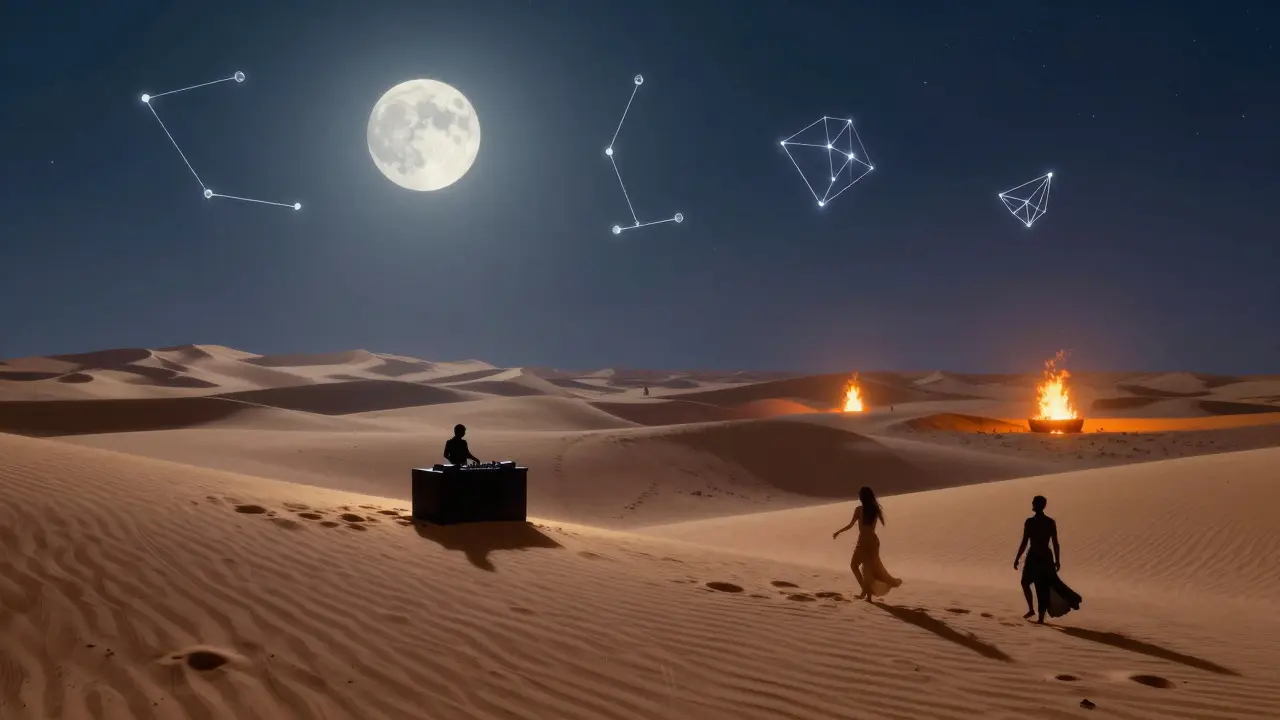Desert party under full moon with dancers on sand and glowing fire pits.