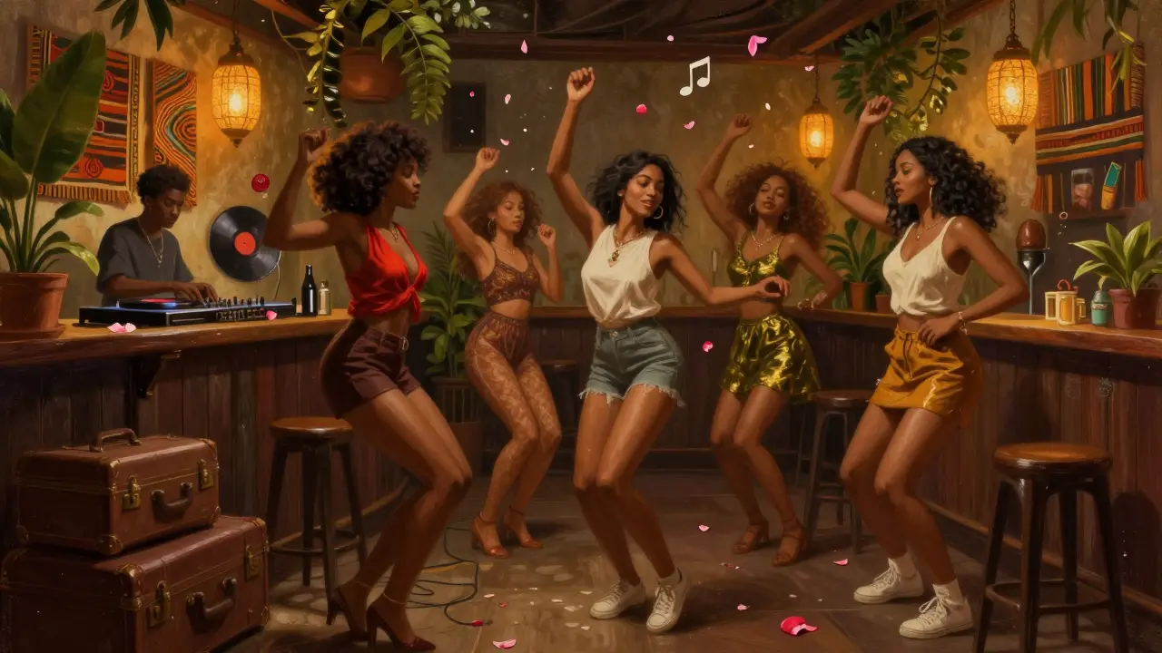 Diverse group of women dancing in a vibrant, plant-filled bar with vintage decor and string lights.