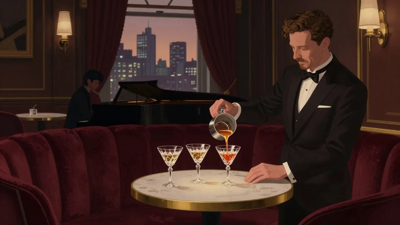 Elegant Connaught Bar interior with a bartender pouring cocktails under soft golden lighting.