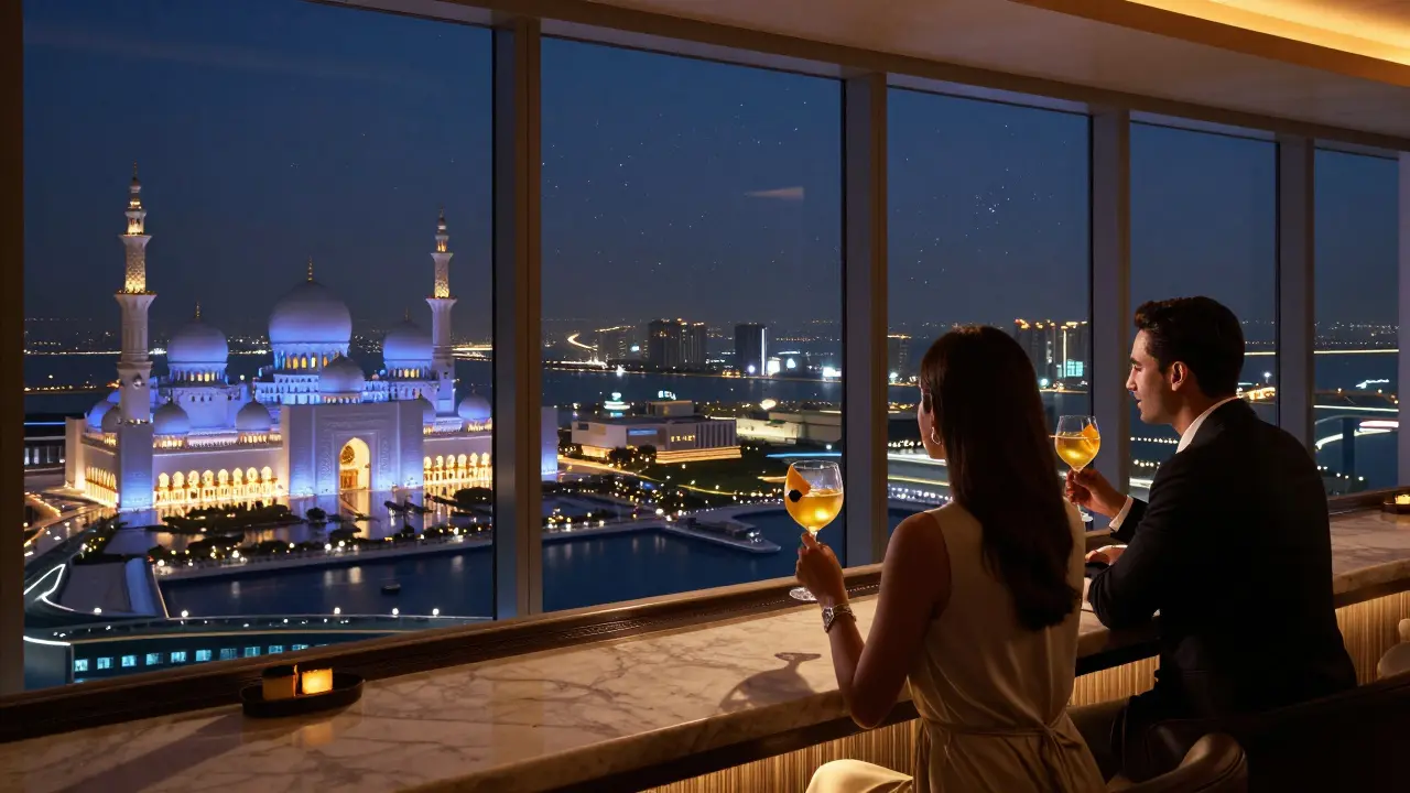 Elegant couple enjoying cocktails at a high-rise bar with the grand mosque glowing below in the city lights.